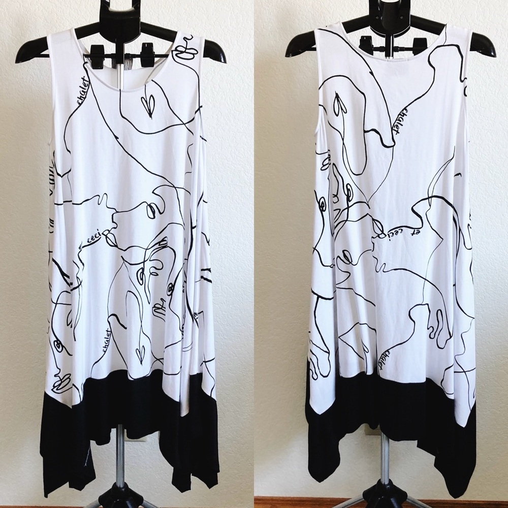 Chalet et Cici Lagenlook Midi Dress Hankerchief Asymetrical Hemline Line Art